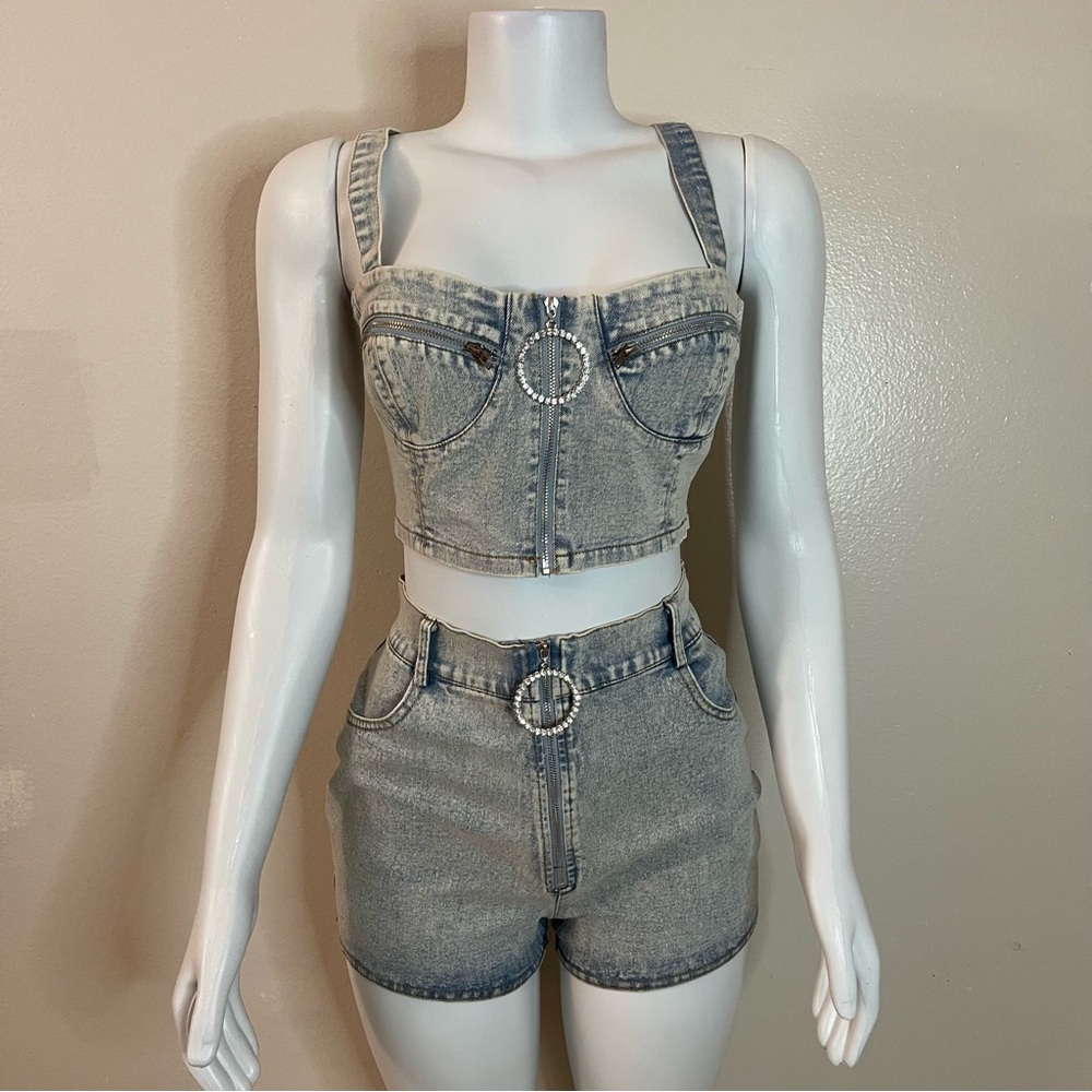 Denim crop top shirred back high waisted shorts set